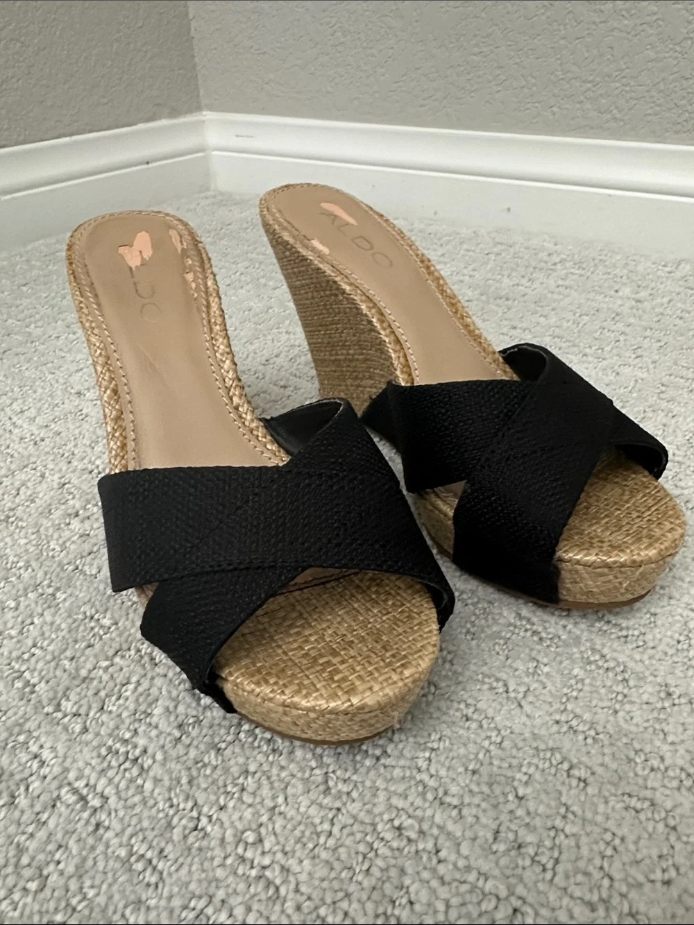 Aldo Black Crisscross Espadrille Wedge Mules
